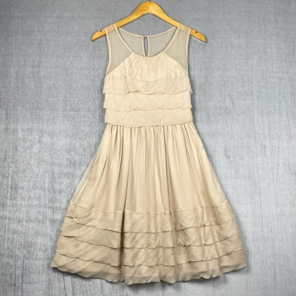 Anthropologie Dress‎ Womens 2 Champagne Silk Chiffon Y2K Soft Girl Ruffles Party